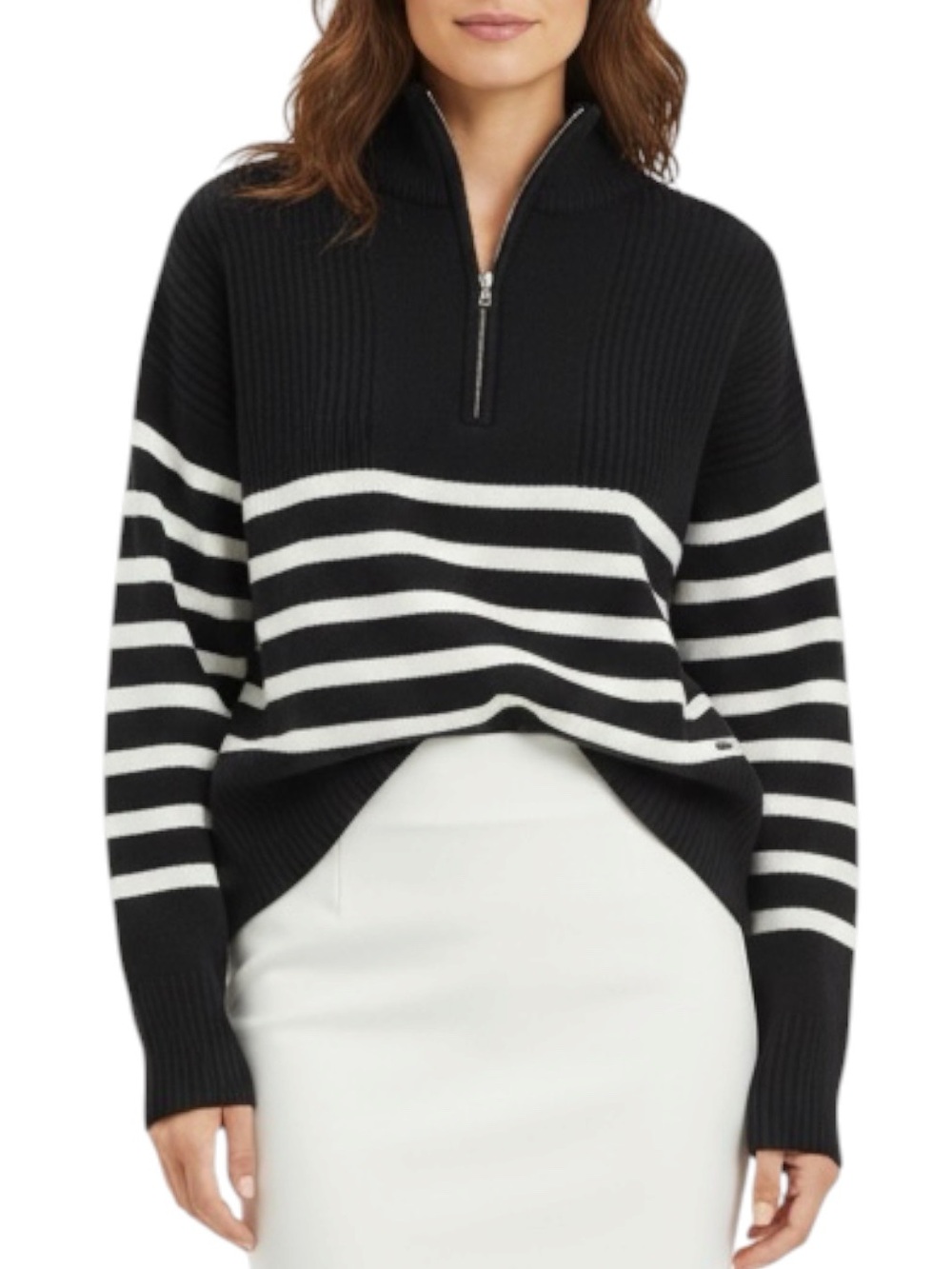 DKNY Striped Pullover Quarter Zip Sweater in Black/White Size Medium -- NWT